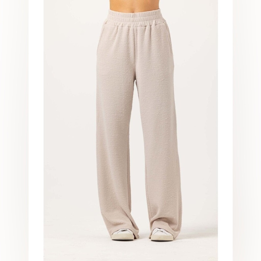 Sundays Pryn Pants Loungewear Wide Leg Crinkle Terry Fabric Beige Size Small